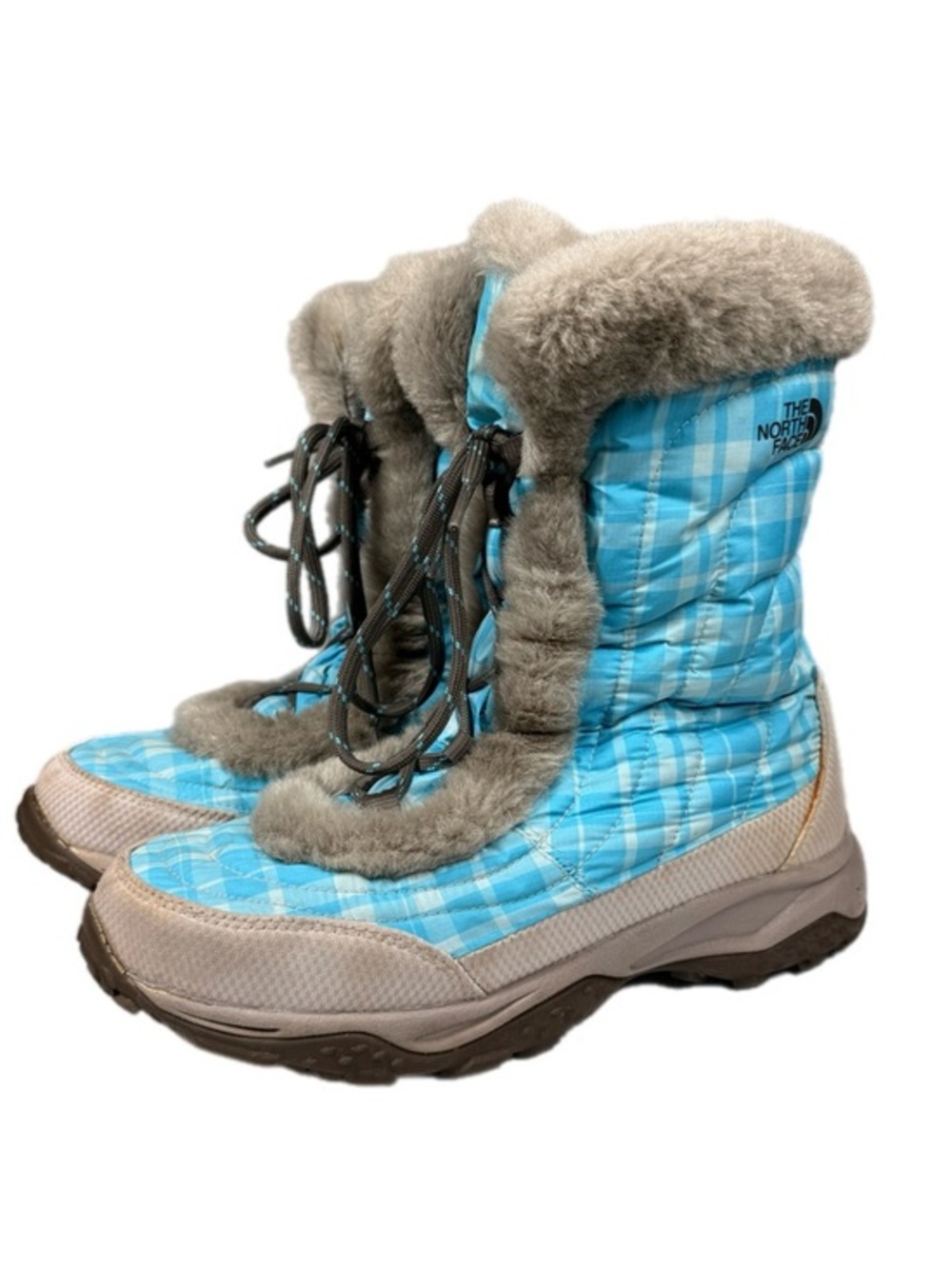The North Face | Nuptse Goose Down Puffer Light Blue Plaid Faux Fur Winter Boots